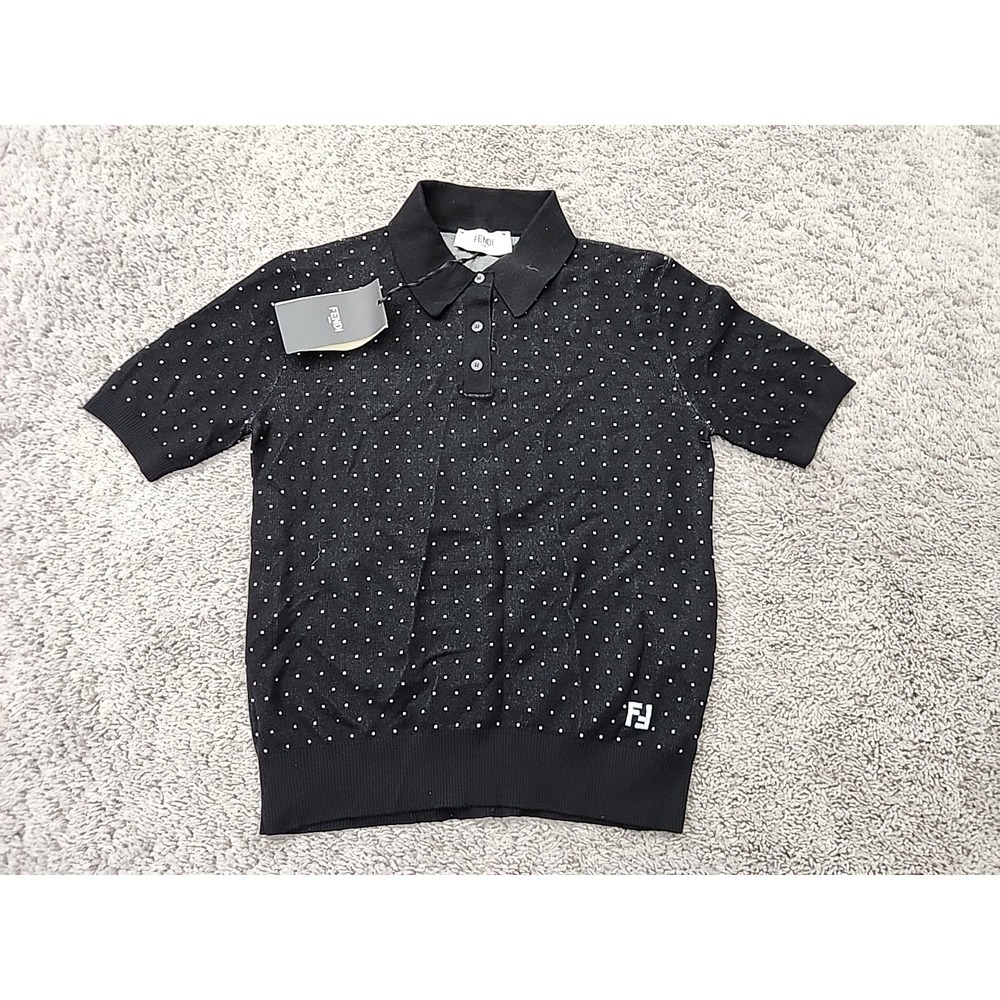 Fendi Polo Divisa Womens 4 Black Knit Polka Dot Pullover Shirt FZEE46 NEW